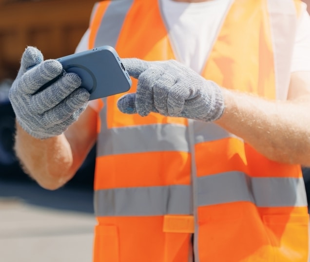 Ouvrier de chantier utilisant un smartphone avec des gants Ouvrier en gilet haute visibilité orange et gants gris utilisant un smartphone bleu sur un chantier de construction.
